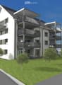 Modern multi-story residential building with balconies, surrounded by a well-maintained lawn and trees.