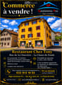 Promotional poster for a commercial property sale featuring a yellow restaurant building with red shutters and signage for "Café de la Charrière" and "Restaurant Chez Tony" in La Chaux-de-Fonds.