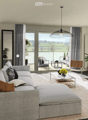 Modern living room with a grey sectional sofa, coffee table, dining area with yellow chairs, large windows offering a scenic view, and decorative plants.