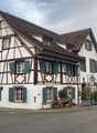 Traditional timber-framed house, brown roof, white walls, green shutters, brown trim, multiple windows, plants in front, man sitting on a cart