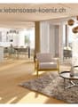 Wood floor, sliding glass doors, table, couch, chairs, center table, vase, art frame