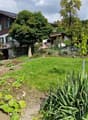 A well-maintained garden area with a variety of plants, shrubs, and flowers, leading up to a traditional Swiss house with a sloped roof and green shutters.