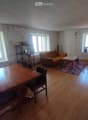 A spacious living and dining area with wooden flooring, large windows, a sofa, coffee table, dining table with chairs, and a shelf with decorative items.