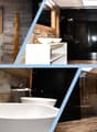 Modern bathroom with wooden accents, white sinks, a large bathtub, and a glass-enclosed shower area.