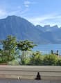 Balcony with glass railing overlooking a lake and mountain range, decorated with potted plants and a small statue.