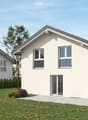 Modern single-family house with garage, two-story, white exterior, multiple windows, attached houses on either side