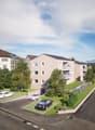 3-story residential building, modern design, beige exterior, multiple parking spots, trees and plants, central road, cars parked in front