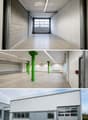 Three images showing an industrial building with large garage doors, concrete floors, and green structural pillars inside. The exterior features a modern, metallic facade with multiple garage doors and windows.