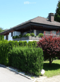Detached house, white exterior, brown roof, balcony, garden, hedge, driveway, car parked