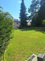Well-maintained lawn with surrounding trees and bushes, featuring a white house with solar panels on the roof in the background.