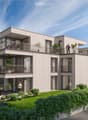 Modern, multi-story residential building with balconies, large windows, and surrounding greenery.