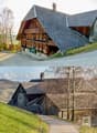 Traditional wooden house, steep roof, wooden exterior, multiple windows, green bench, surrounded by trees and grass, mountain view