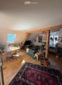 A cozy living room with wooden flooring, a large window, a skylight, a sofa, a dining table with chairs, a television, and several plants. The room features a colorful rug and various decorative items, including posters and a bookshelf.