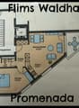 Floor plan of "Flims Waldhaus" showing a living/dining area, kitchen, bedroom, entrance, staircase, lift, and balcony.