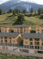 A cluster of modern wooden houses with balconies and large windows, set in a lush green valley with mountains in the background.