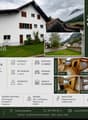 Real estate advertisement for a house in Vattis, Switzerland, featuring a two-story building with a garden, garage, and multiple rooms including a kitchen, living/dining room, bedroom, and bathroom.
