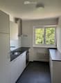 Modern kitchen with white cabinets, black countertop, stainless steel sink, oven, and radiator. Large window with view of greenery.
