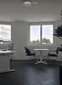 Modern office space with large windows, a desk with a computer, chairs, a small meeting table, and a large potted plant.