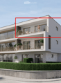 Modern two-story house with white exterior, large windows, multiple balconies, and a landscaped garden.