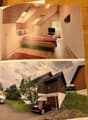 The image shows a two-page spread featuring a modern bedroom with a raised bed and a view of a contemporary house exterior with a garage and parked cars.