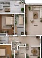 Floor plan of a modern apartment with three bedrooms, a living room, a kitchen, a bathroom, and a balcony.