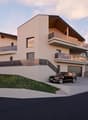 Modern two-story residential building with balconies, garage, and surrounding greenery.