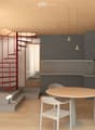 A modern, minimalist room with a round wooden table, white chairs, a small kitchen area with dark cabinets, and a red spiral staircase leading to an upper level.