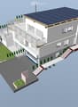 3D model of a modern two-story house with solar panels on the roof, surrounded by a landscaped garden and driveway.