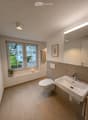 Modern bathroom with a toilet, sink, and a window offering a view of the outside. Includes a towel, a small plant, a picture frame, and a rug on the floor.