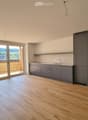 Modern kitchen with grey cabinets, wooden flooring, and large sliding glass doors leading to a balcony with a scenic view.