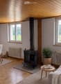 Bright living and dining area with wooden floors, exposed wooden ceiling, large windows offering scenic views, a fireplace, a sofa, a coffee table, a dining table with chairs, and a flower vase on the table.