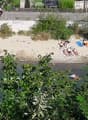 A sandy beach area with people relaxing, sunbathing, and swimming in the water. The area is surrounded by greenery and a concrete wall with graffiti.