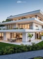 Modern two-story house with white exterior, large glass windows, spacious outdoor patio with seating, and well-maintained garden.