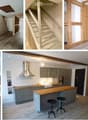 The collage shows six images of the house's interior: a hallway with a wooden door, a staircase with a railing, an empty room with wooden beams, a kitchen with gray cabinets and a wooden countertop, a bathroom with a wooden vanity and a round mirror, and