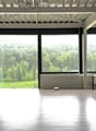Open-plan office space with wooden flooring, large windows overlooking a green landscape, a desk with a laptop, and potted plants.