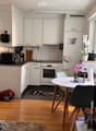Modern kitchen with white cabinets, stainless steel appliances, a round dining table with chairs, and decorative flower pots.