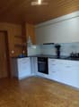 Modern kitchen with white cabinets, wooden flooring, and a black countertop. Features an oven, sink, and various kitchen items including a dish rack and bottles.