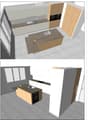 3D floor plan of a modern kitchen with wooden cabinets, granite countertops, built-in appliances, and ample workspace.