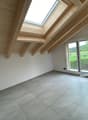 Empty attic space with wooden slanted ceilings, skylight windows, and large sliding glass door opening to outdoor view.