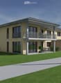 Two-story modern house with a balcony, large windows, and a parking area. The house features a light yellow facade and is surrounded by a well-maintained lawn.