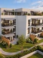 Modern multi-story residential building with balconies, outdoor seating areas, and surrounding greenery including a playground and trampoline.