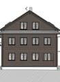 Two-story house with dark brown wooden exterior, multiple windows, and a raised ground floor.