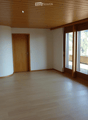 empty room, hardwood floors, wooden ceiling, large windows, balcony with view