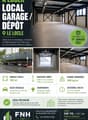 Promotional image for a local garage/depot space in Le Locle, featuring an empty interior with concrete floors, metal beams, and fluorescent lighting. The exterior shows a modern building with multiple parking spaces and a large entrance.