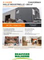 Promotional image for an industrial hall rental in Chavornay, featuring a modern building exterior, interior shots of storage and administrative spaces, and details about the property.