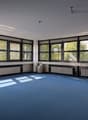 large room, blue carpet, large windows, radiators, floor lamp
