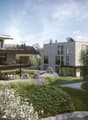 Modern architectural design, two-story building, brick and glass facade, multiple balconies, landscaped garden, pathway, trees, and shrubs