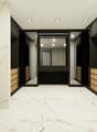 modern bathroom with white marble walls, wooden drawers, double sinks, mirror, toilet