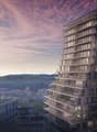 High rise building with modern architecture, many balconies, urban landscape in the background