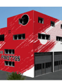 Industrial building, red and white facade, multiple garages, car entrance
